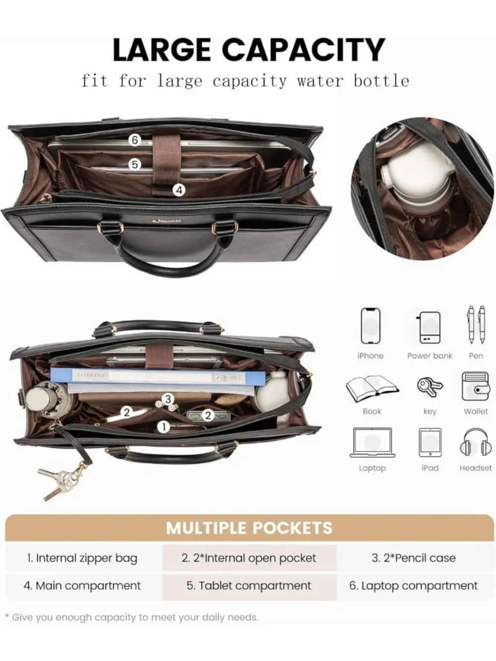 Stylish Laptop Tote Bag for Women | Large PU Leather Work Bag with Cup Holder
